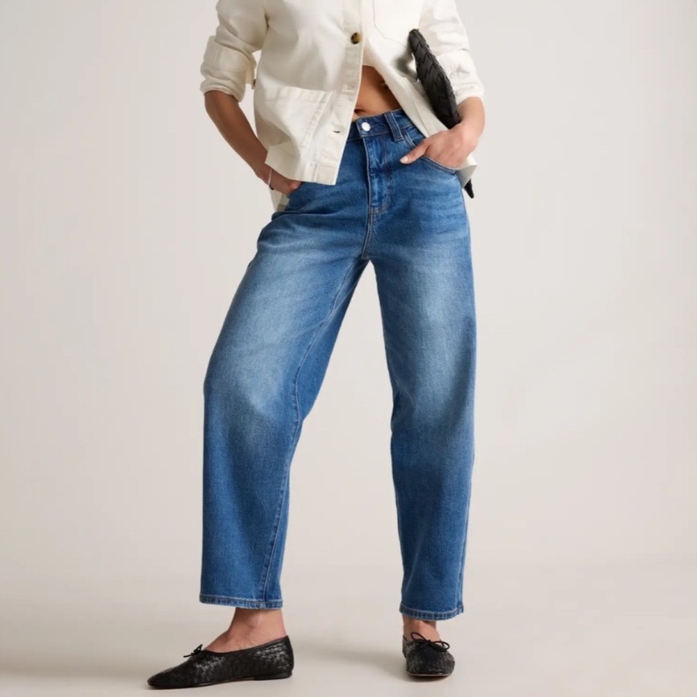 Quince Bella Stretch Barrel Jeans Medium Wash Blue High Rise Women Sz 28